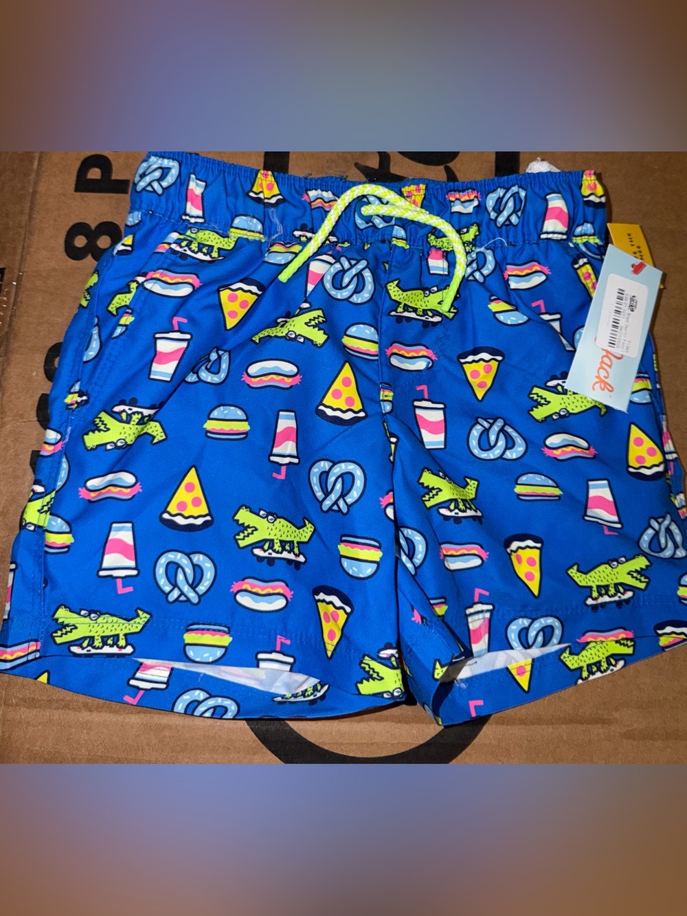 Target Boys Blue Swim Trunks with Neon Green Drawstring and Fun Snack Print